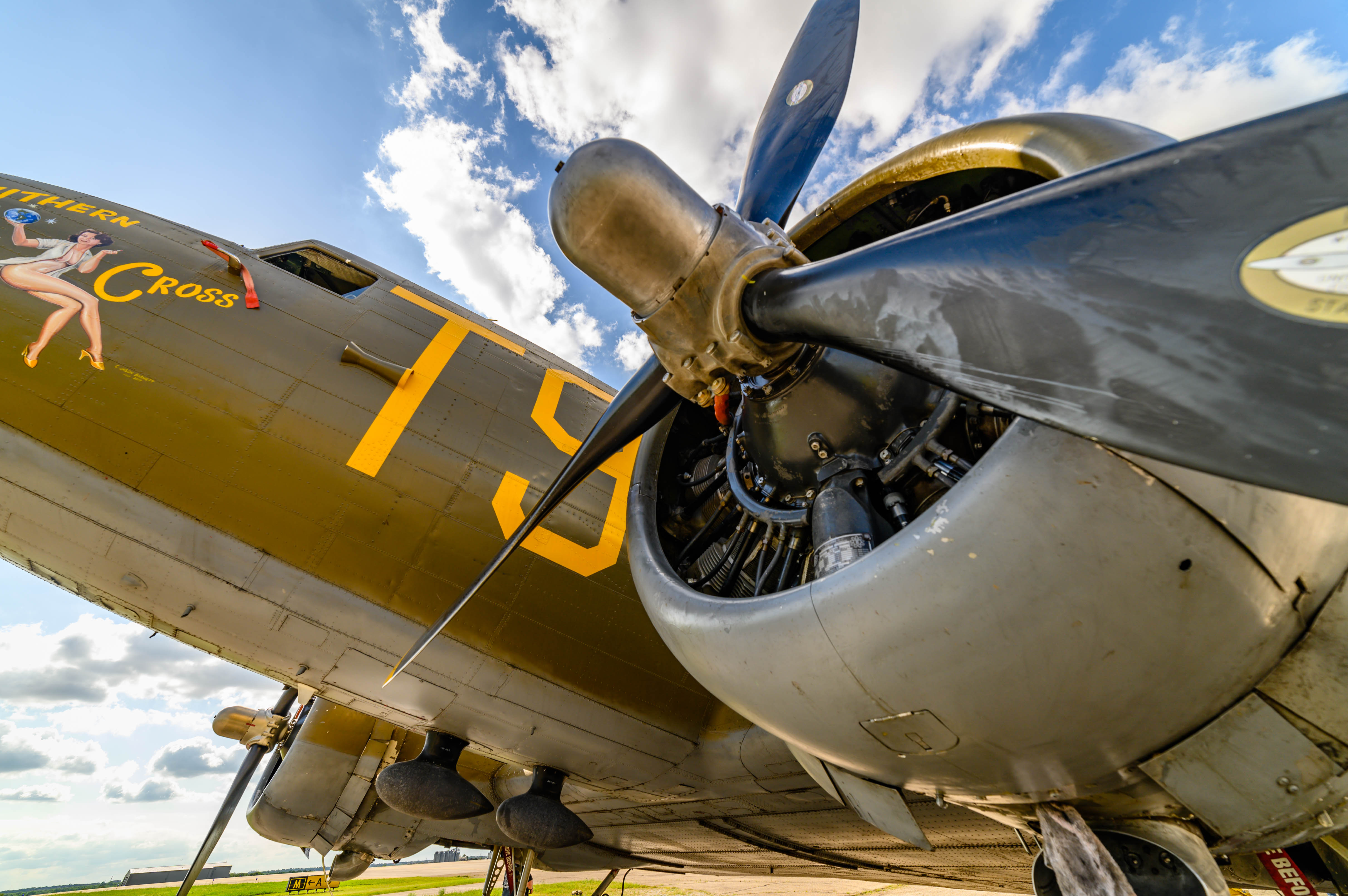 A close up of the propeller on the Southern Cross Douglas DC-3 at Greatest Generation Aircraft Fort Worth.